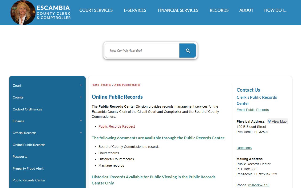 Escambia County Clerk of Court official records page