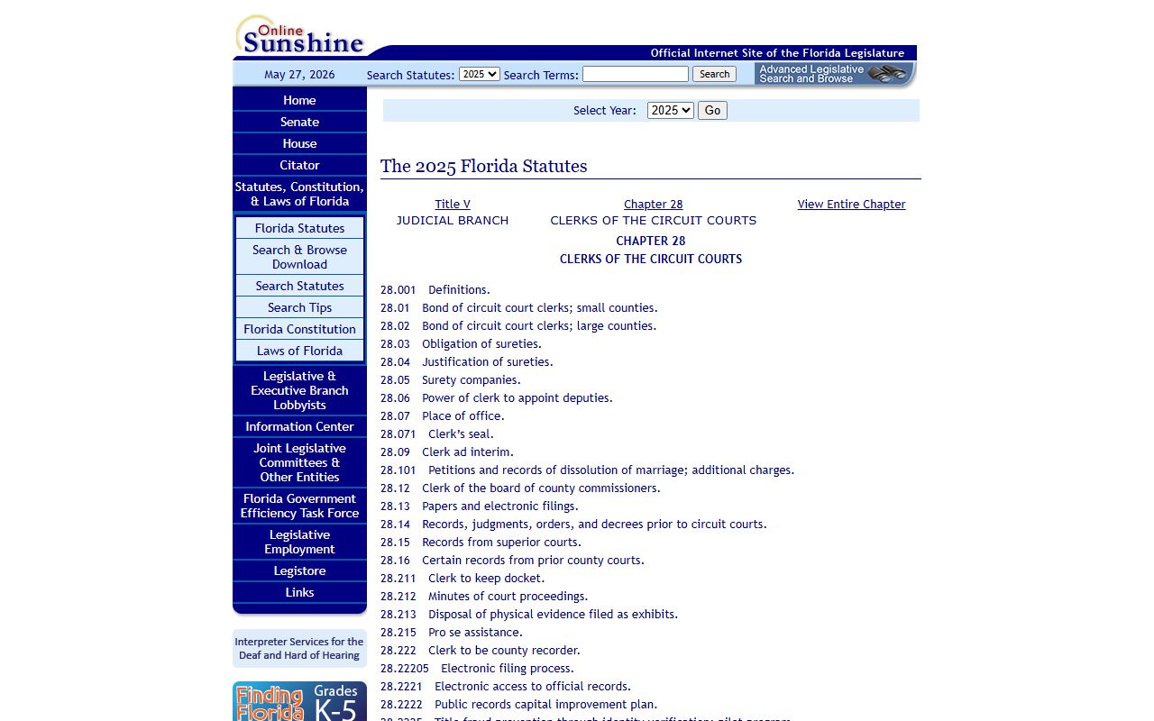 Florida Statutes Chapter 28 clerk fees for the Escambia County Clerk of Court