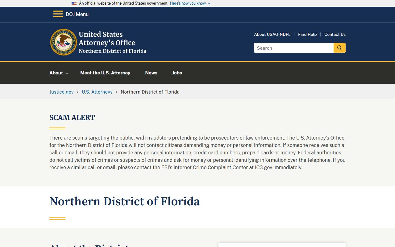 U.S. Attorney Northern District of Florida prosecuting federal cases near Escambia County
