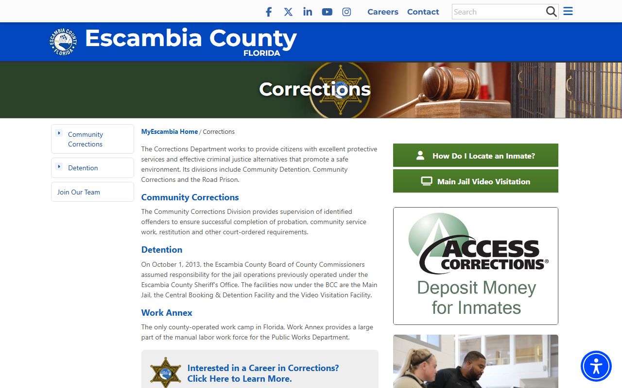 Escambia County Corrections page for inmate records and jail services