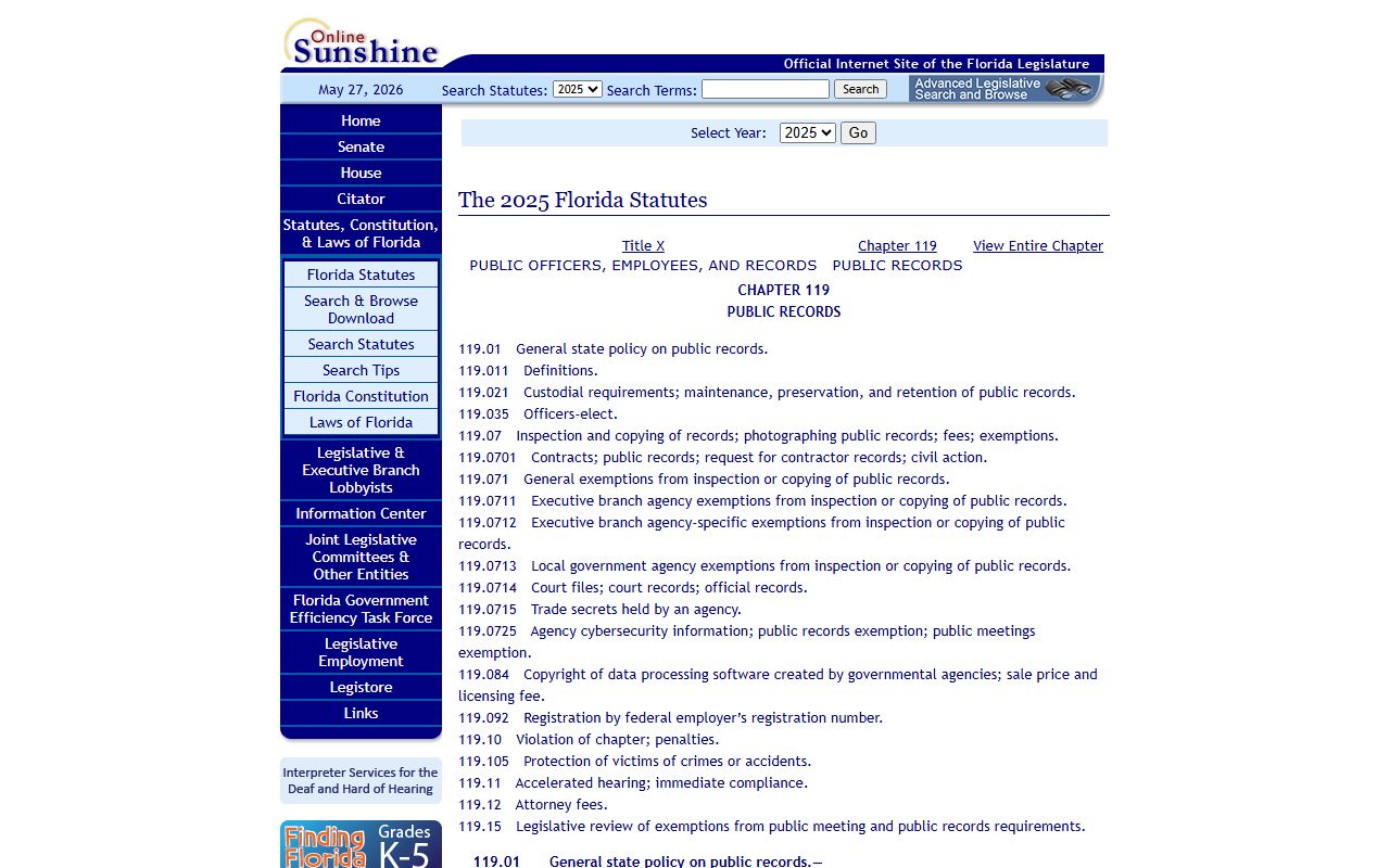 Florida Statutes Chapter 119 public records law for Escambia County public records