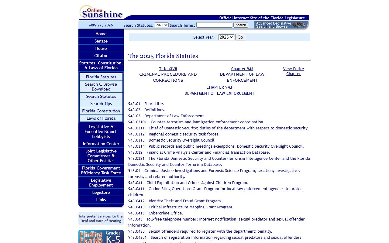 Florida Statutes Chapter 943 sealing and expunction for Escambia County public records