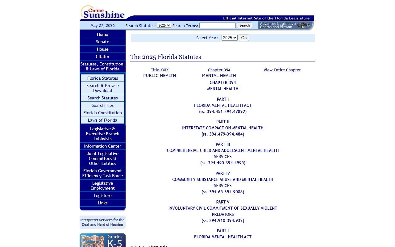 Florida Statutes Chapter 394 mental health confidentiality for Escambia County public records