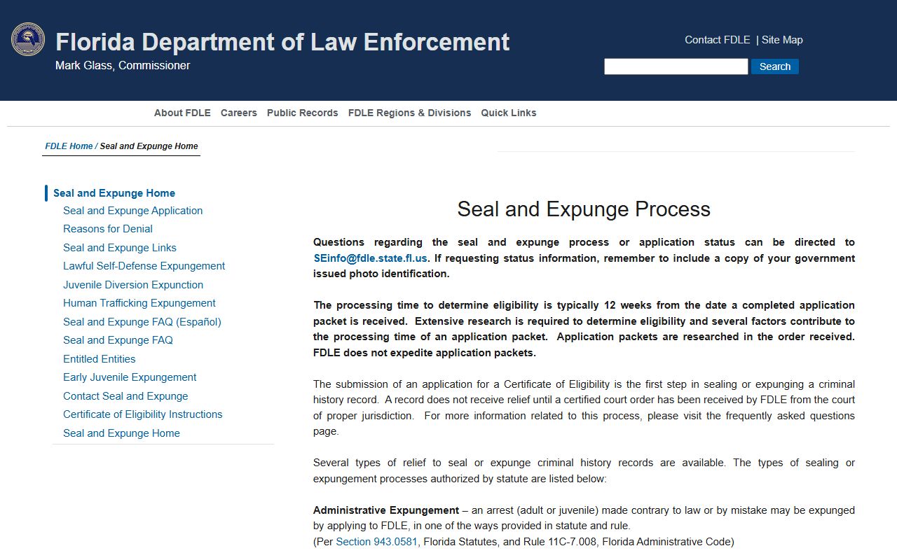 FDLE seal and expunge process for Escambia County released inmates