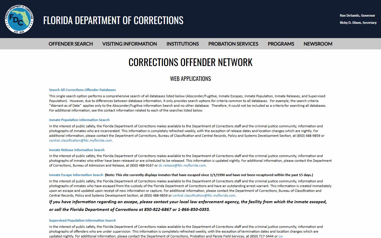 Florida Department of Corrections offender search for released Escambia County inmates
